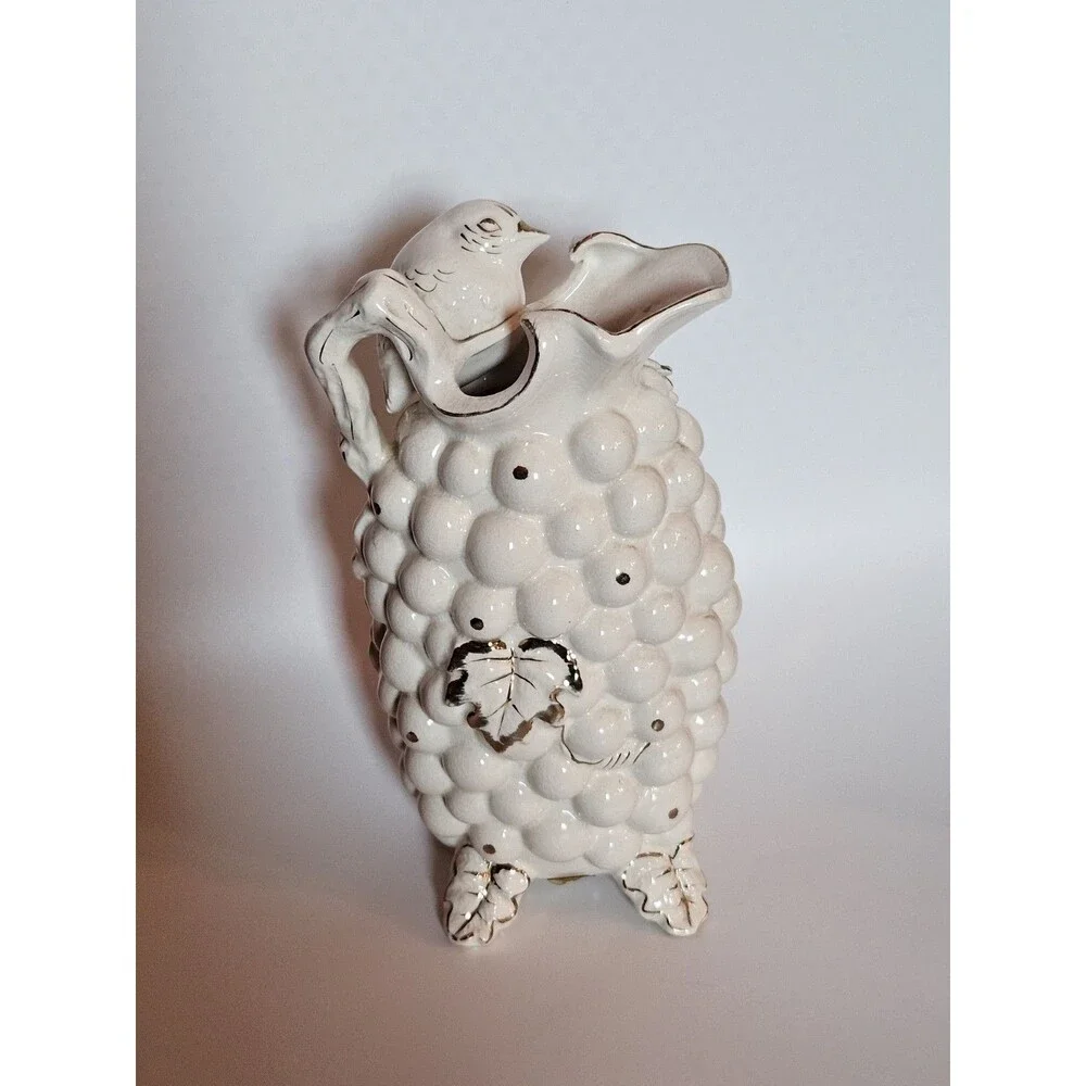 Vintage Gold White Tilso Japan Bird Grape Fruit Ceramic Pitcher Urn